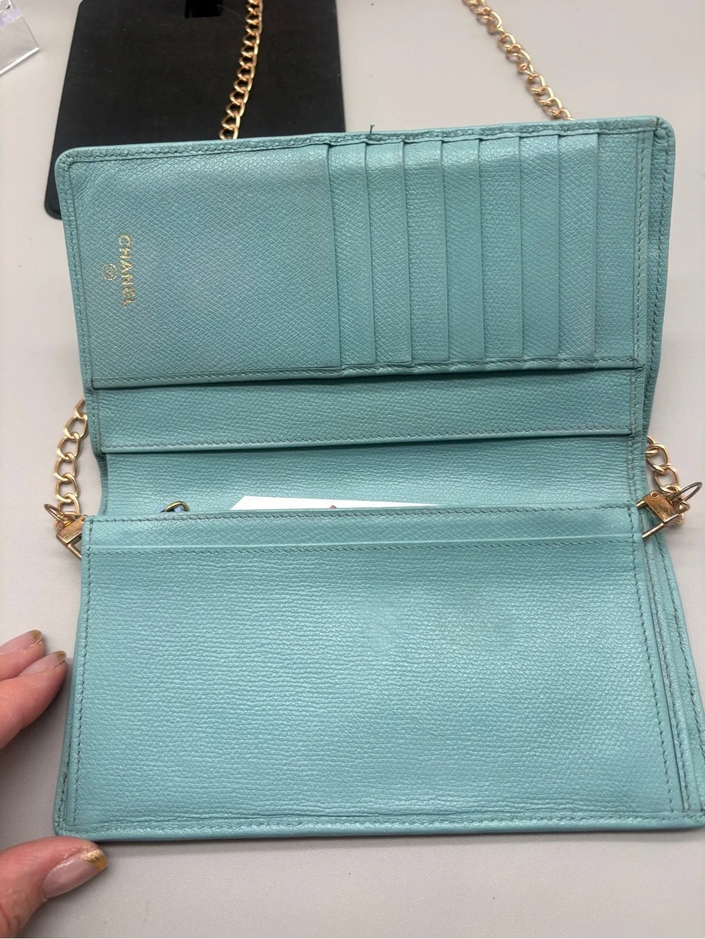 Authentic Chanel Light Turquoise Caviar Wallet – Converted WOC – Entrupy COA